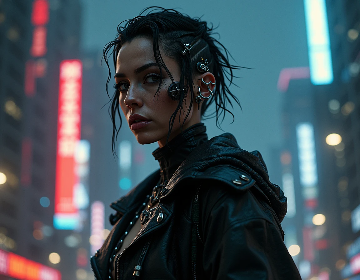 there is a woman in a wet suit standing in the rain, the cyberpunk girl portrait, cyberpunk digital painting, dark cyberpunk illustration, wojtek fus, jet black haired cyberpunk girl, photorealistic dark concept art, beautiful cyberpunk girl face, cyberpunk portrait, cgsociety portrait, cyberpunk themed art, epic portrait illustration, female cyberpunk, dark but detailed digital art, cyberpunk dark fantasy art
