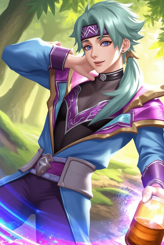 Ezreal, masterpiece,  Best Quality , official art,  8k,  very detailed ,   similar to Kemono , 1 man, ink, sky blue hair,  long hair,  detailed eyes, Fun in the forest, bare shoulders, Hanfu, Lake, pure, soft smile, bamboo, tea, pink hair , Hard dick looking at the camera 