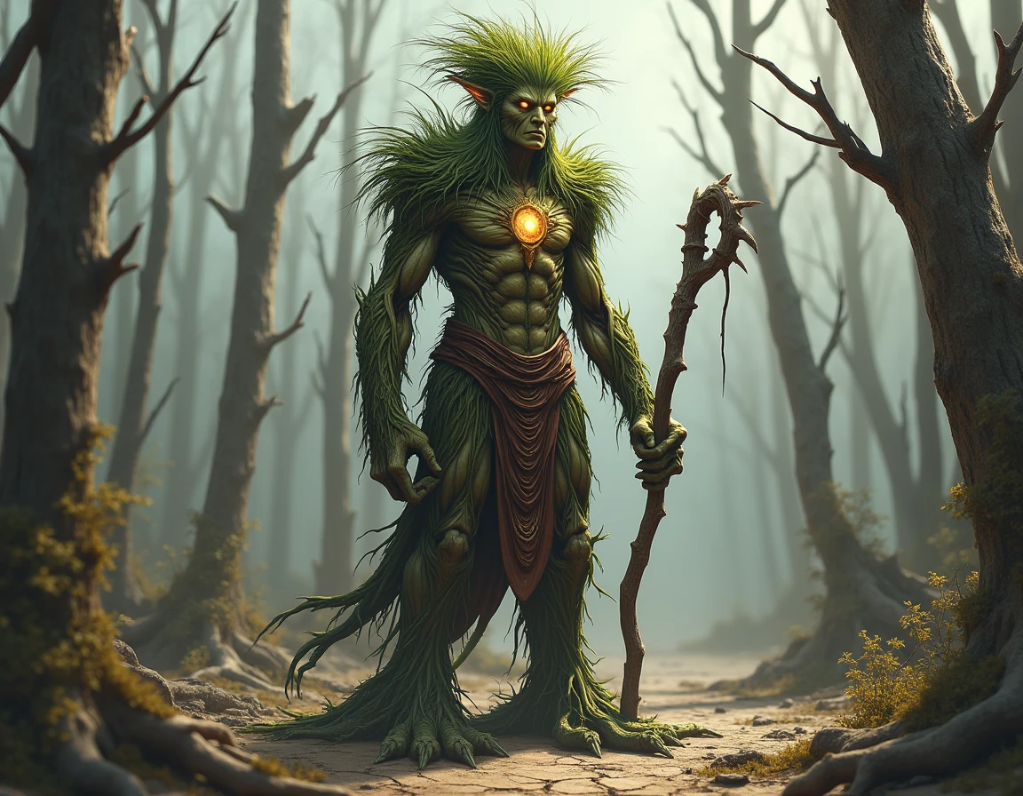 rain, photo, (Heroic pose:1.1135), rough skin, Like the bark of a tree, ultra-realistic shading, anthropomorphic, brown, big, photorealistic, nude, causing a smile, (Sandro Botticelli:1.1025), Huge pectoral muscles, tribe, shaman, biceps, (Loincloth:1.15), thin waist, Slim Male, In the woods, branches with leaves on the head, day
