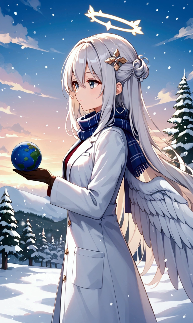 Angel wings, white haired, female, grey eyes, lab coat, angel wings head, angel wings waist, holding planet, snowing, very long hair, long sleeves, hat, gloves, hair ornament, closed mouth, halo, feathered wings, white wings, standing, hair between eyes, angel wings back, outdoors, tower, pine trees, side, day, cloud, white, snow, blue sky, scarf, tree, hair down, from side,