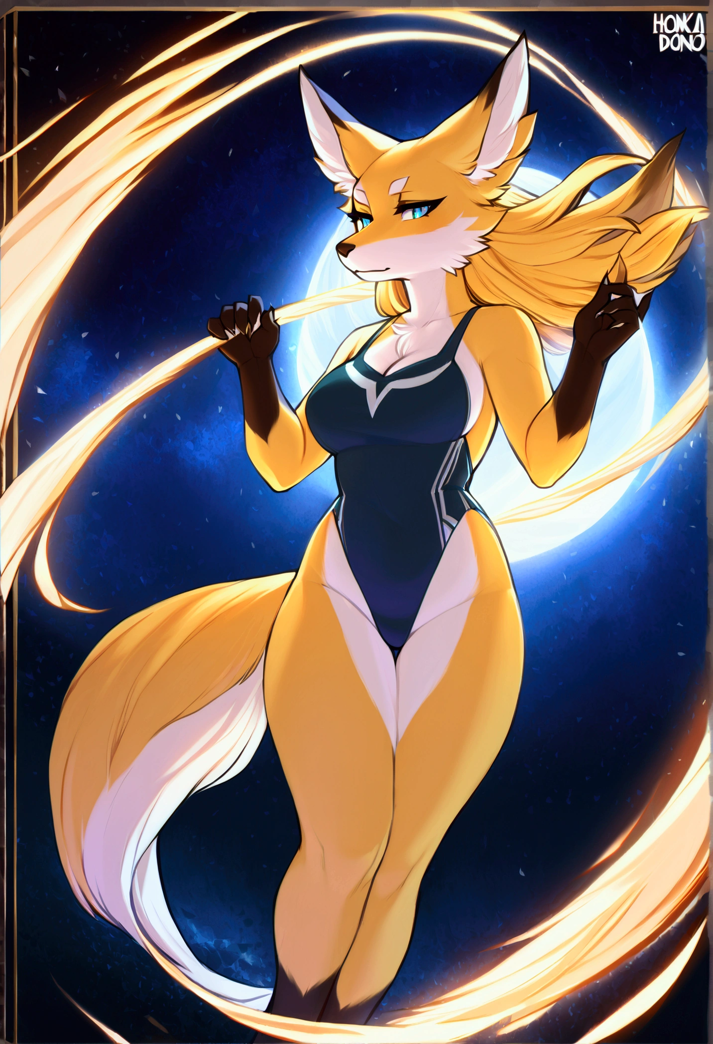 by fluff-kevlar, by ouka, by Kilinah, (((woman, breasts, antrum, extremely detailed, extremely detailed legs, extremely detailed arms, extremely detailed face, perfectly detailed eyes, perfectly detailed anatomy))): 1.2, Ninetales from Pokemon, Ninetales, anthro, female, fox, high definition, good anatomy, yellow fur, yellow body, simple background, highly detailed face, multiple tails, dark lighting, moody lighting, full body, sexy body, slanky body, sexy face, nice, hot, cute, pawpads, paws, showing feet, magical levitating, blushing, friendly smile, smile, friendly, elegant, dark, mysterious, alluring, beautiful, yukata, elegant tattoo on hips, lightning