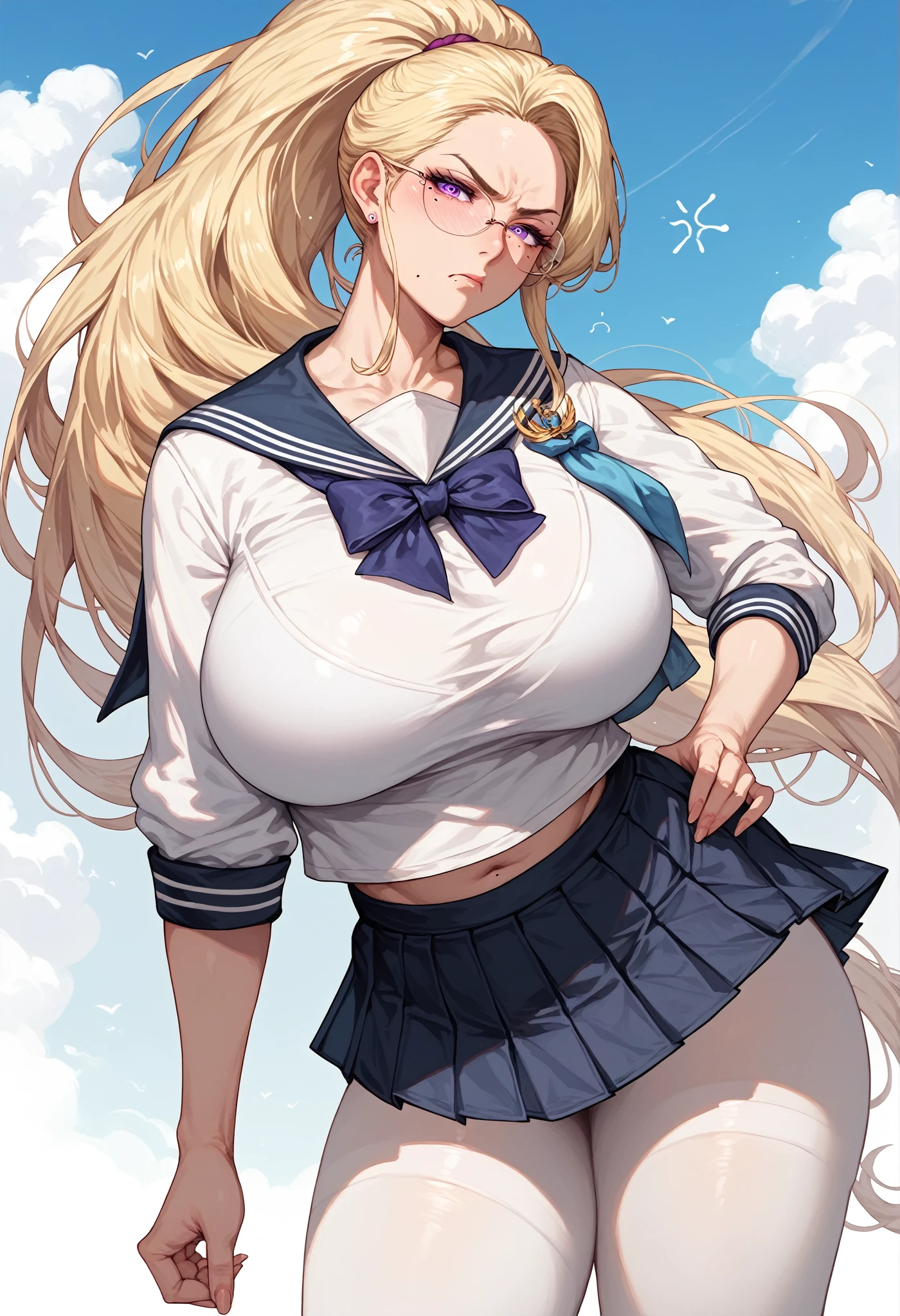High school girl, sailor uniform, blue school skirt, black long socks, thick thighs, super wide hips, gigantic breasts, big ass, blonde hair, blue eyes.