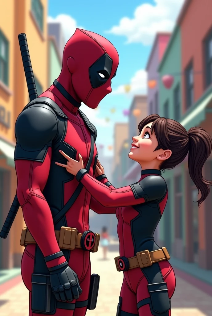 a romantic photo of deadpool holding his wife Highly Detailed Skin, Realistic Skin Details, Visible Pores, Sharp Focus, Volumetric Fog, 8K UHD, DSLR, high quality, film grain, fair skin, photorealism, sprawling metropolis in futuristic dystopia, seen from below, translucent