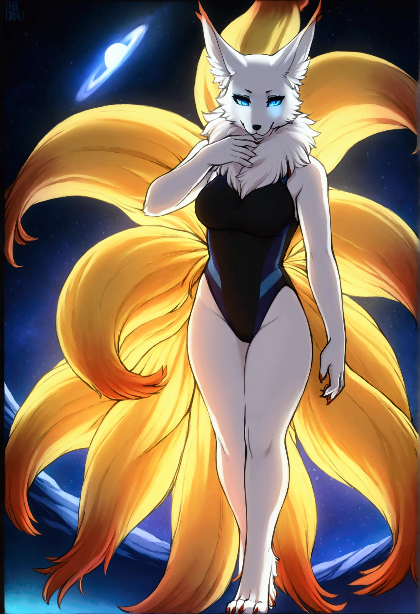 (top quality, best quality, Iriedono, High-quality illustrations, masterpiece, perfect artwork, cinematic light and shading, 16k, 1080p, uploaded on e621)(kemono, furry, anthro, alone), 1 female, (very detailed body, face, tail, arms, hands, legs, head and eyes), galaxy arctic kitsune, Yukime, (The Eminence in Shadow), galaxy body, nine tails, perfect eyes, galaxy eyes, beautiful galaxy one-piece swimsuit, in space