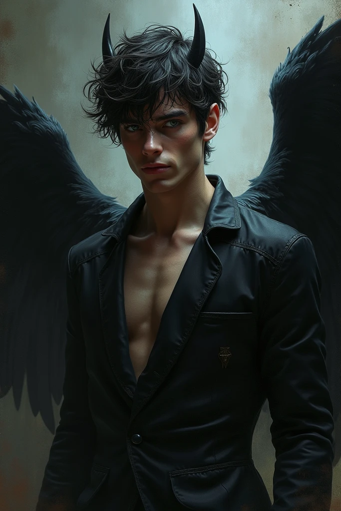 A young man without a shirt in boxers, with a well-formed bare abdomen with black hair red eyes handsome face In the middle of a room sitting on a bed with black wings, with arms crossed leaning against the bed realistic erotic sexual