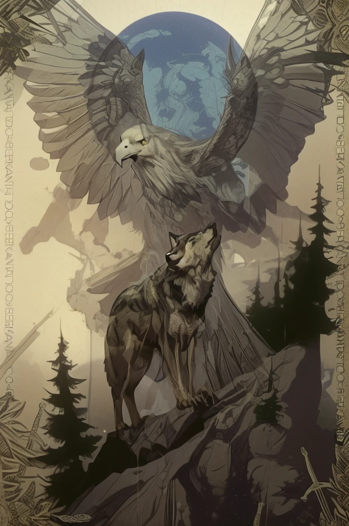 Alpha wolf strong authoritarian look standing on a rock contemplating an eagle showing its power up in the evening 