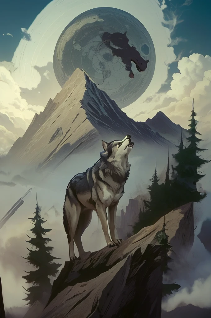 Alpha wolf strong authoritarian look standing on a rock contemplating an eagle showing its power up in the evening 