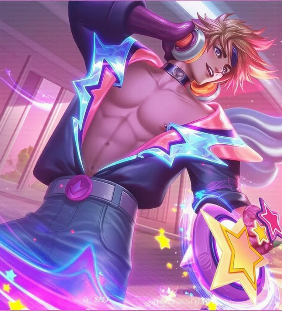 a close up of Ezreal holding a star in a room, hero pose colorful city lighting, kda, sakimichan frank franzzeta, range murata and artgerm, ezreal (league of legends, tane skin, extremely detailed artgerm, sakimichan, artgrem, rossdraws cartoon vibrant, splash art