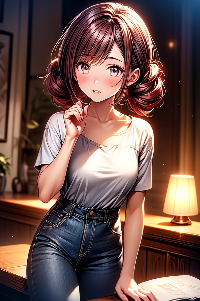 beautiful woman reading, dark red hair, gray eyes, low twin tails, swept bangs, strapless white shirt, jeans, ( better quality , high resolution), oil painting:1.1, ( vibrant colors, Soft lighting), (detailed eyes,  Detailed lips ).
