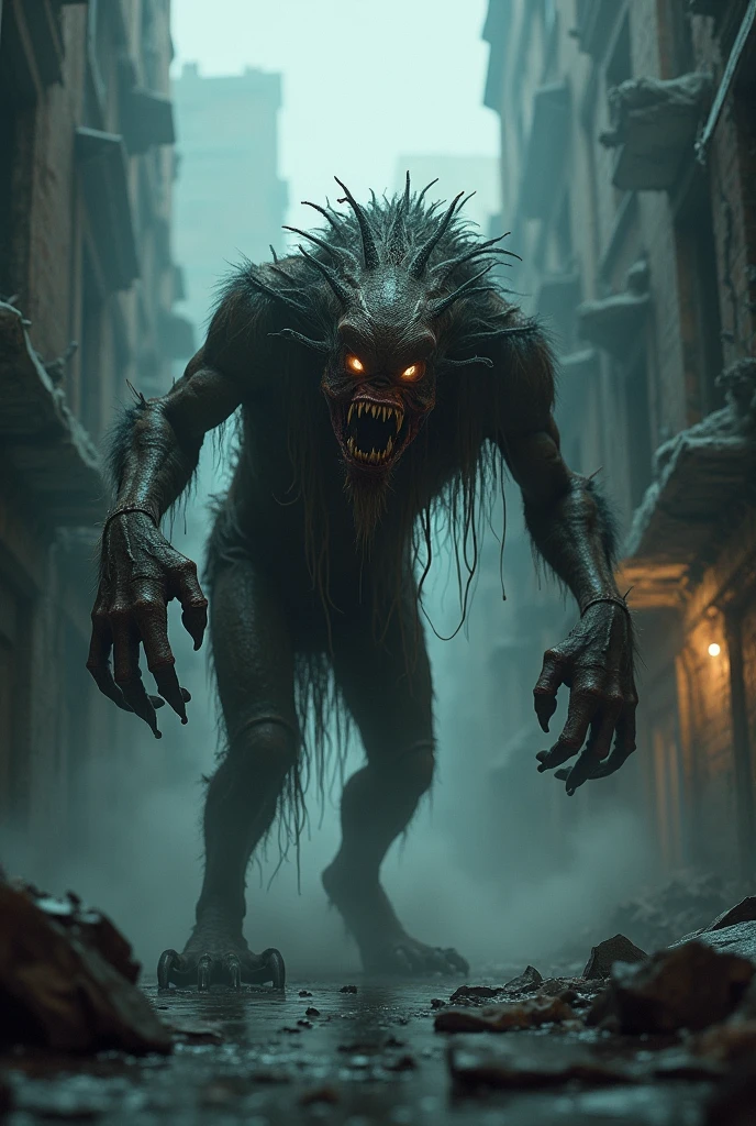 A huge evil wide grinning hyena exposing a set of sharp yellow teeth standing tall in a living room, background shadows, nightmare