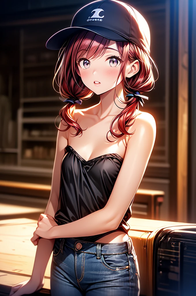 Gray eyes, red hair, swept bangs, low twin tails, hair ribbons, strapless black tank top, black baseball cap, jeans, thin, petite, small breasts, toned arms,, ( better quality , high resolution), oil painting:1.1, ( vibrant colors, Soft lighting), (detailed eyes,  Detailed lips ).
