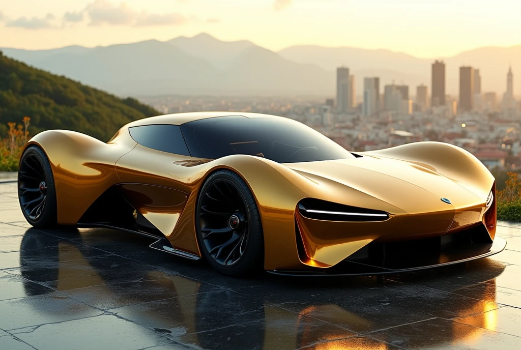 a beautiful gold-and-black futuristic car with shades of gold ,  on the horizon of the Appalachian Mountains and surrounding cities of the 20th century