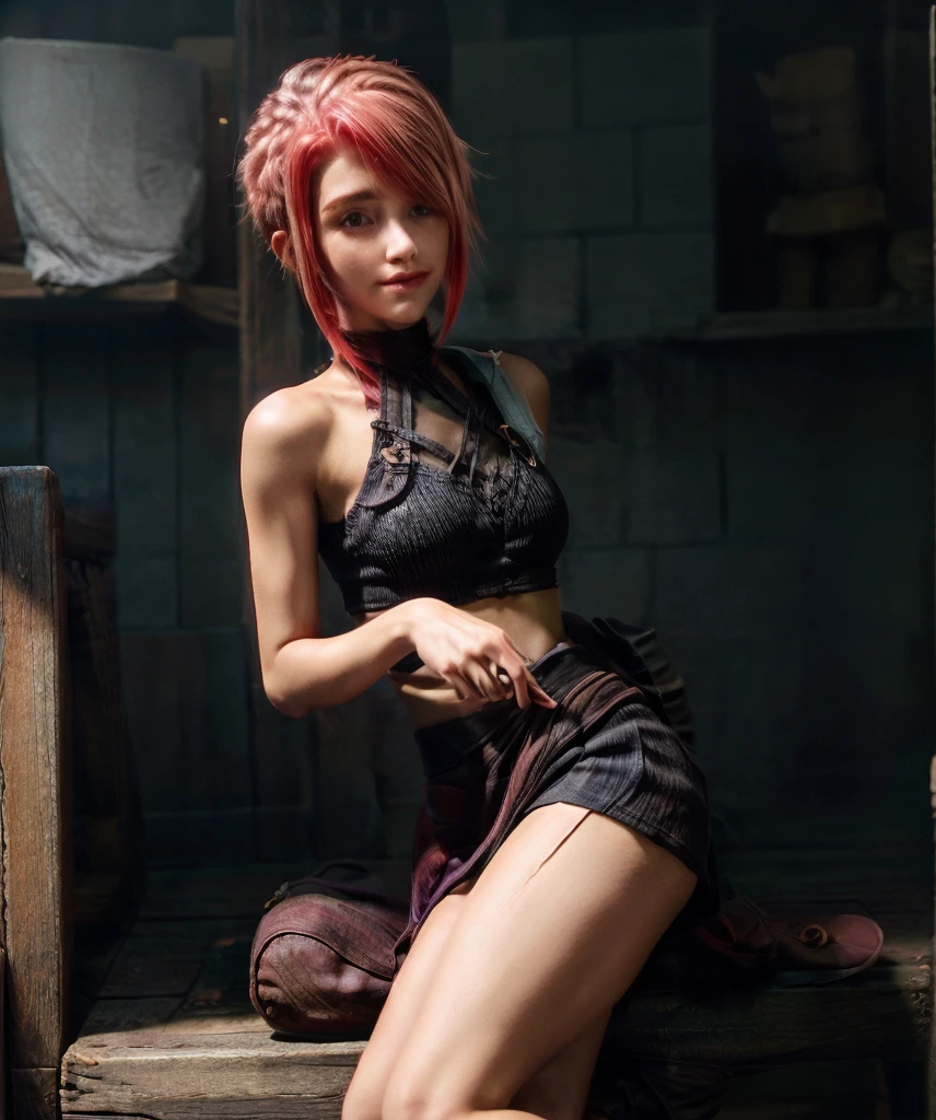 Girl, real, pink short hair, red linners hair, black tank top, black short skirt