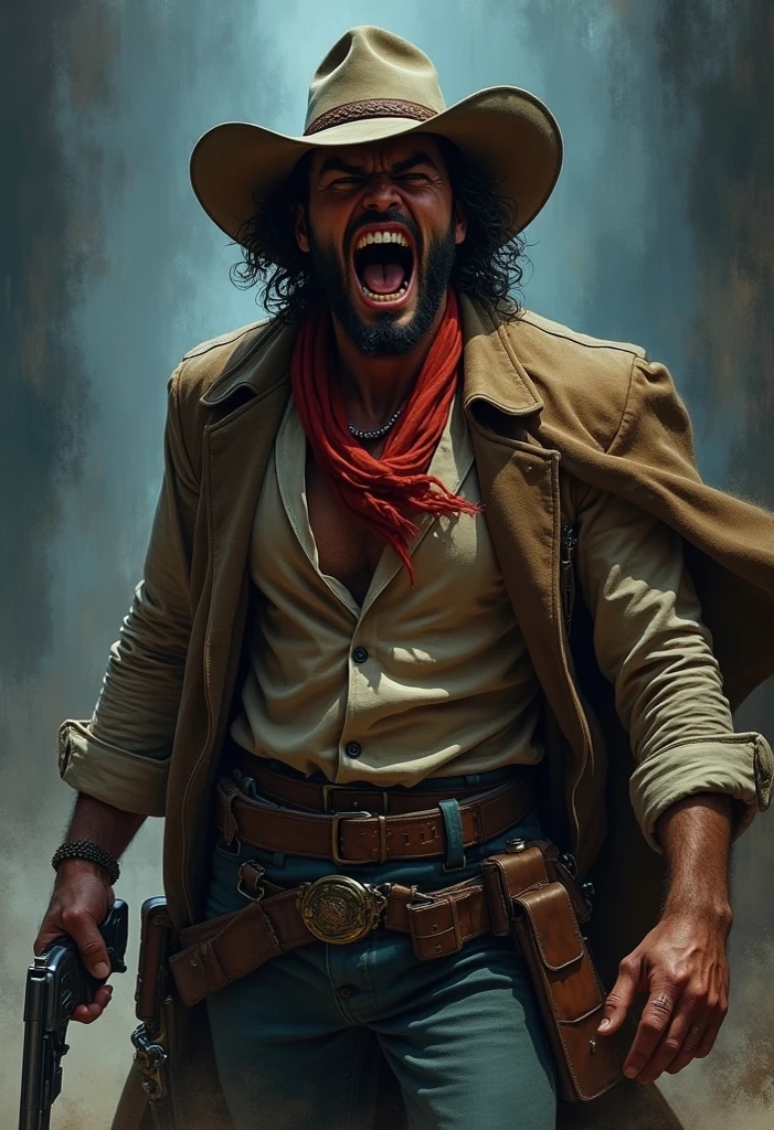 A cowboy (Django) holding a gun in hand, ((Angry 1.4)),, Screaming, Action, The dark side, Mystery , Dark background, pastels, author：Harry Bush, James Montgomery 