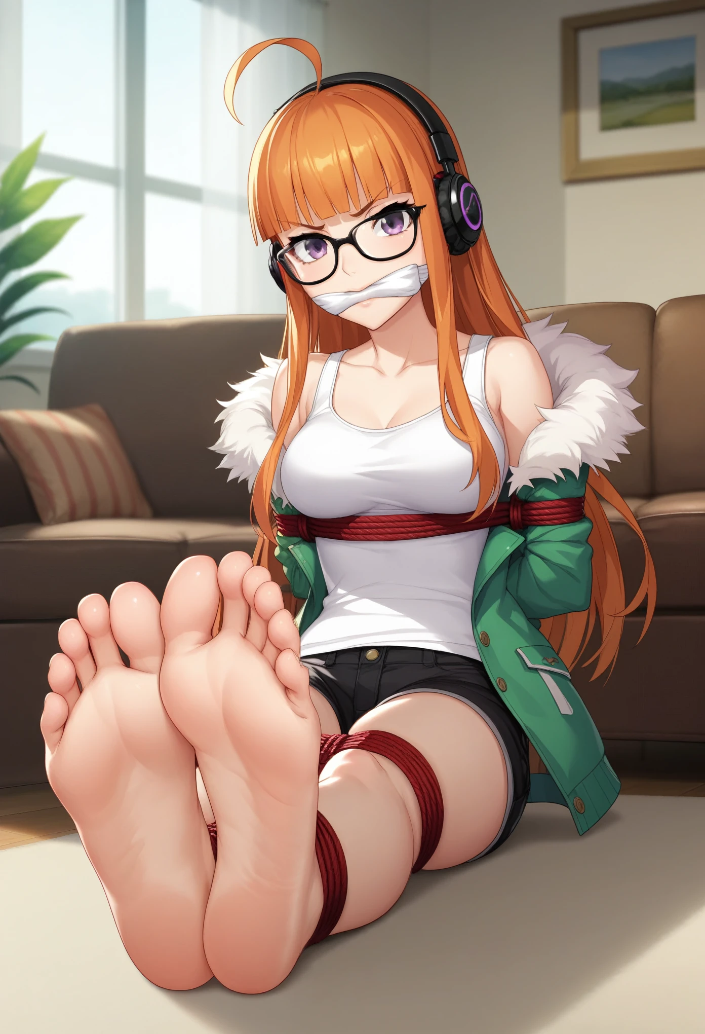 dsfutaba, orange hair, long hair, blunt bangs, ahoge, purple eyes, glasses, 1headphones, white tank top, green jacket, fur trim, black shorts, thighhighs, 1girl, solo
BREAK
living room, indoors, sitting, couch, messy room, window, depth of field, cinematic, game cg, anime screencap, official art, masterpiece, best quality
angry look, perfect hands, perfect proportions, dimly lit, bondage, bound, bound arms, bound ankles, arms behind back, bdsm, gagged, cloth gag, cleave gagged, barefoot toes, feet, 5 toes, perfect feet, detailed toes, detailed feet, foot focus, soles up,