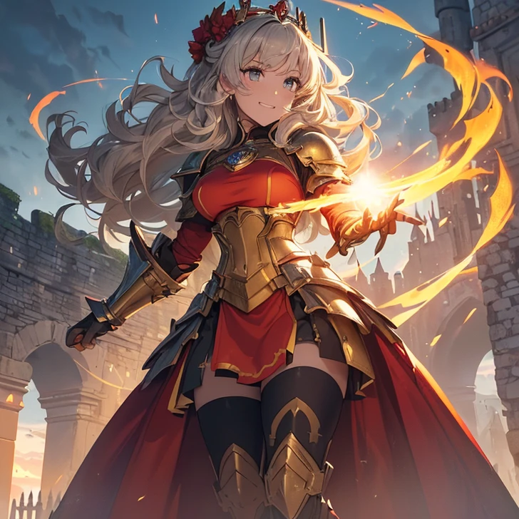 Fraction_9_up, Fraction_9, Fraction_8_Direction_7_up, src_Japanese cartoons,masterpiece, best quality, high resolution, Extremely detailed CG, absurd, high resolution, 1 Girl, Female knight in metal armor, skirt, Ruffles, holding the flaming sword, Red_Full set of clothing, Short Shoulder Armor, Off-shoulder, Plate, Armor suit,Gloves, Blonde Hair,Double tail, Long hair, blue_Eye, ruby tiara,cleveage, thigh, thigh armor, arms, ((flaming sword)), The fire spread