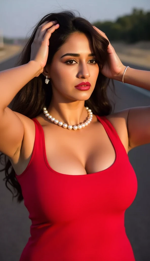 Front view ,photo of indian, curvy, hourglass figure, swooping breasts, deep cleavage, Hands on head showing dark hairy sexy armpits, nipples, seductive eyes, sultry, look at viewer and subtle smile, Pearl earrings,pearl necklace,red saree around neck covering breasts, red lips, on highway road necklace, 4K, HD,No Naked,No nude.