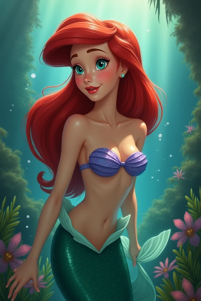 1girl, <lora:Char - Ariel :0.5>, red hair, underwater, mermaid, blue eyes, smile, water,