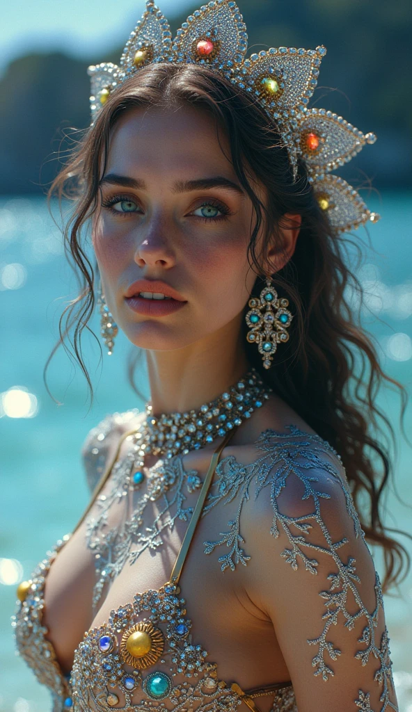 a beautiful martian seductress, green skin, sheer sparkly transparent dress, martian jewelry, capturing earthmen, full body shot, beach moonlit night, (best quality,4k,8k,highres,masterpiece:1.2),ultra-detailed,(realistic,photorealistic,photo-realistic:1.37),highly detailed face, beautiful detailed eyes, beautiful detailed lips, extremely detailed face, long eyelashes, intricate jewelry, ethereal, science fiction, cinematic lighting, dramatic lighting, glowing skin, jewel tones, vibrant colors