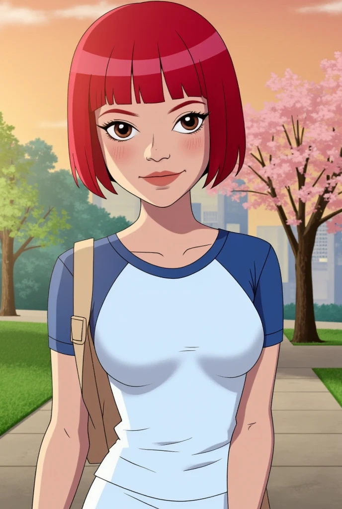 j3nnaort3ga:1.5(women), ((ultra quality)), ((tmasterpiece)), Gwen Tennyson, ((Red, extremely short hair)) (Beautiful cute face), (beautiful female lips), Charming, ((aroused expression)), looks at the camera with a gentle smile, eyes are slightly closed, (skin color white), Body glare, ((detailed beautiful female eyes)), ((dark green eyes)), (juicy female lips), (beautiful female hands), ((perfect female figure)), perfect female body, Beautiful waist, gorgeous big thighs, Beautiful little breasts, ((Subtle and beautiful)), seductively sits, (closeup face), (Gwen clothes, White pants, white T-shirt blue sleeves) background: city park, Beautiful sunset, ((Depth of field)), ((high quality clear image)), (crisp details), ((higly detailed)), Realistic, Professional Photo Session, ((Clear Focus)), the anime
