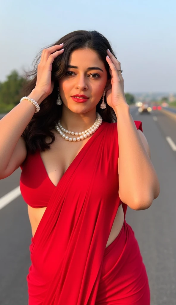 Front view ,photo of indian, curvy, hourglass figure, swooping breasts, deep cleavage, Hands on head showing dark hairy sexy armpits, nipples, seductive eyes, sultry, look at viewer and subtle smile, Pearl earrings,pearl necklace,red saree around neck covering breasts, red lips, on highway road necklace, 4K, HD,No Naked,No nude.