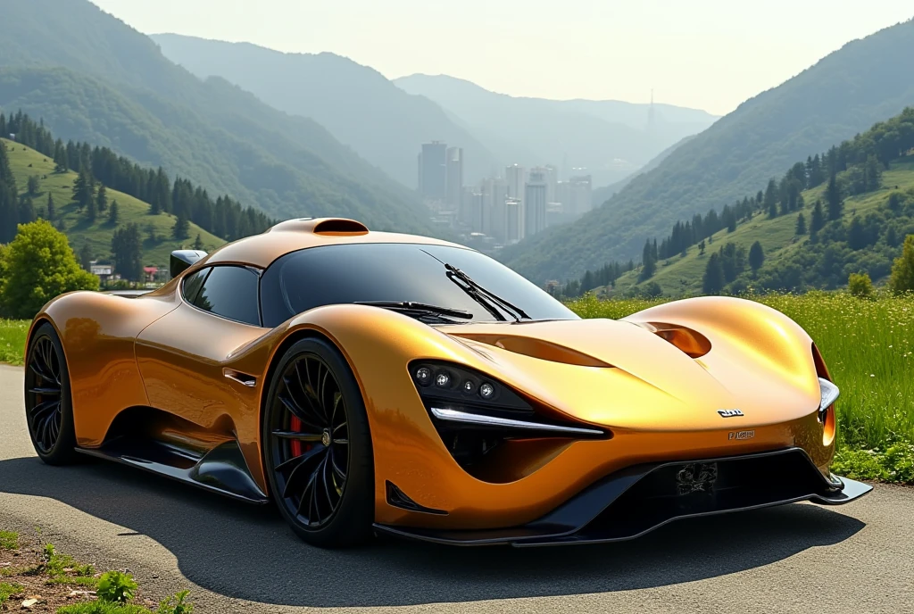 a beautiful gold-and-black futuristic car with shades of gold ,  on the horizon of the Appalachian Mountains and surrounding cities of the 20th century