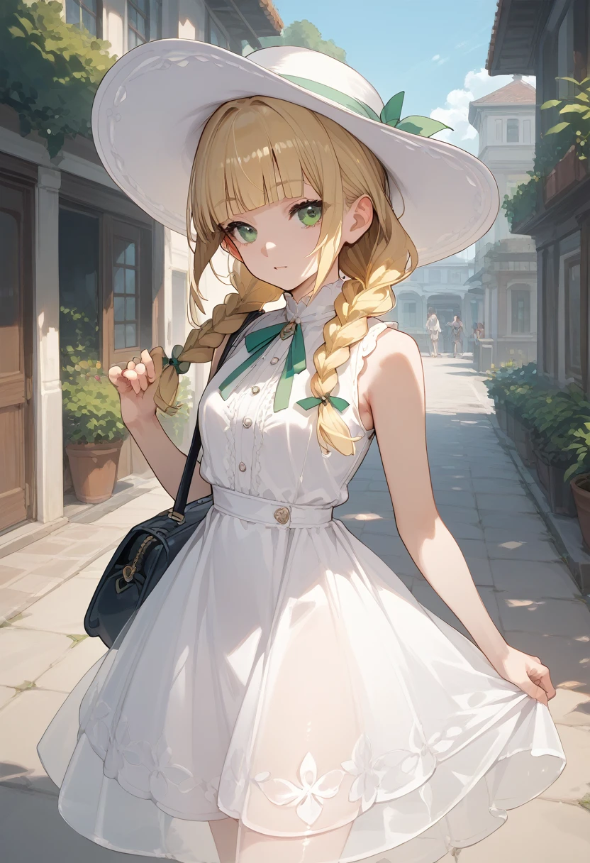 score_9, score_8_up, score_7_up, source_anime,long hair/ponytail, blonde hair, green eyes, braid,twin braids, blunt bangs, hat, white headwear,dress, white dress, sleeveless, sleeveless dress, bag, see-through