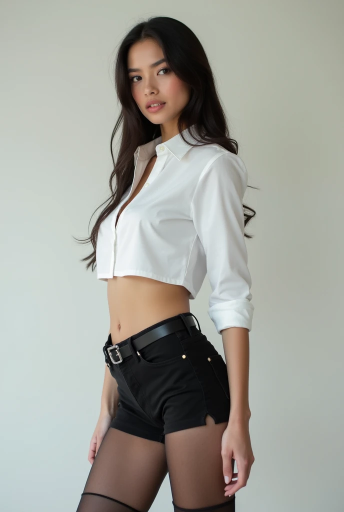 A bengali girl with watch in hand, white shirt, half unbuttoned shirt, unbuttoned shirt sleeves, torn black pants, black sunglasses, about 17