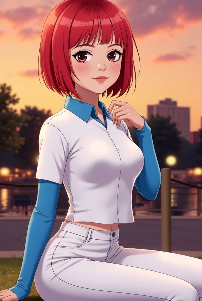 j3nnaort3ga:1.5(women), ((ultra quality)), ((tmasterpiece)), Gwen Tennyson, ((Red, extremely short hair)) (Beautiful cute face), (beautiful female lips), Charming, ((aroused expression)), looks at the camera with a gentle smile, eyes are slightly closed, (skin color white), Body glare, ((detailed beautiful female eyes)), ((dark green eyes)), (juicy female lips), (beautiful female hands), ((perfect female figure)), perfect female body, Beautiful waist, gorgeous big thighs, Beautiful little breasts, ((Subtle and beautiful)), seductively sits, (closeup face), (Gwen clothes, White pants, white T-shirt blue sleeves) background: city park, Beautiful sunset, ((Depth of field)), ((high quality clear image)), (crisp details), ((higly detailed)), Realistic, Professional Photo Session, ((Clear Focus)), the realistic anime
