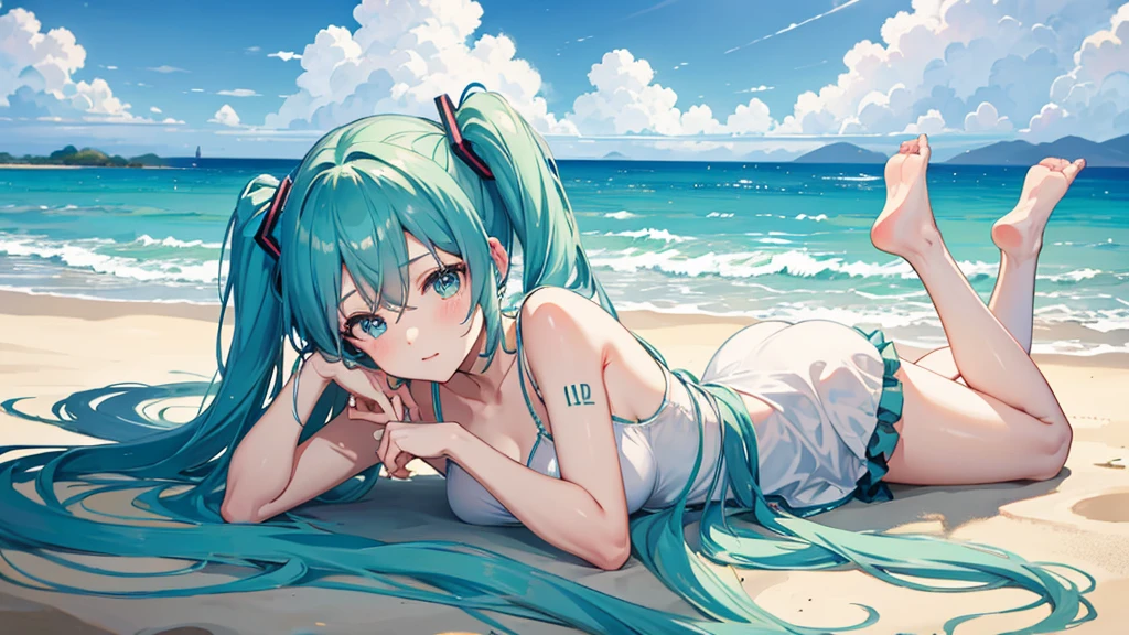 (masterpiece、highest quality、highest quality、Official Art、美しくbeautiful:1.2)、(One girl:1.3)Hatsune Miku、Twin tails,Big Breasts,From above、((Big Breasts))、(Please put your hands on your hips),(((Lying on the beach with legs wide open)))、On the beach in the daytime、Short white tank top、(Extremely small high leg thong that fits snugly against your buttocks)、because'tight、(((Small butt)))、beautiful girl with beautiful hair、((Laugh shyly))、Big eyes、Small face、、Looking into the distance。Great balance of styles、Long legs,beautiful、((A close-up of a cute mound))