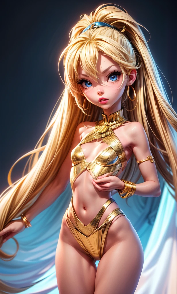   masterpiece, High detail, 1 girl, adolescent, Barbie Sins , beautiful, blonde, Blue eyes,  long hair, slim, full body, flat chest, nice legs, gold dress, Egyptian clothing, sexy