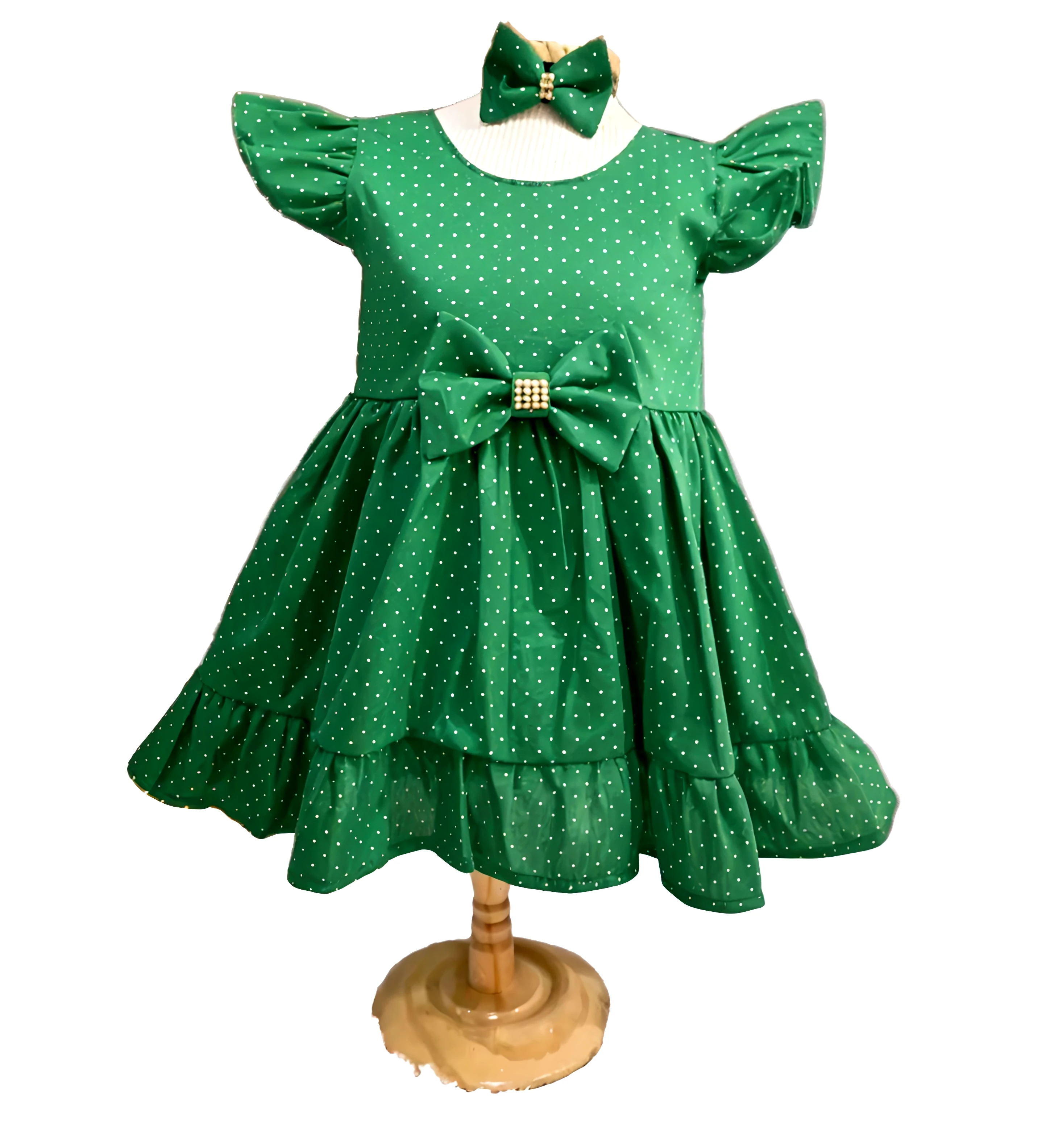 Beautiful blonde seven year old girl in a frilly green dress, full body view, ((best quality)), ((masterpiece)), (detailed), perfect face