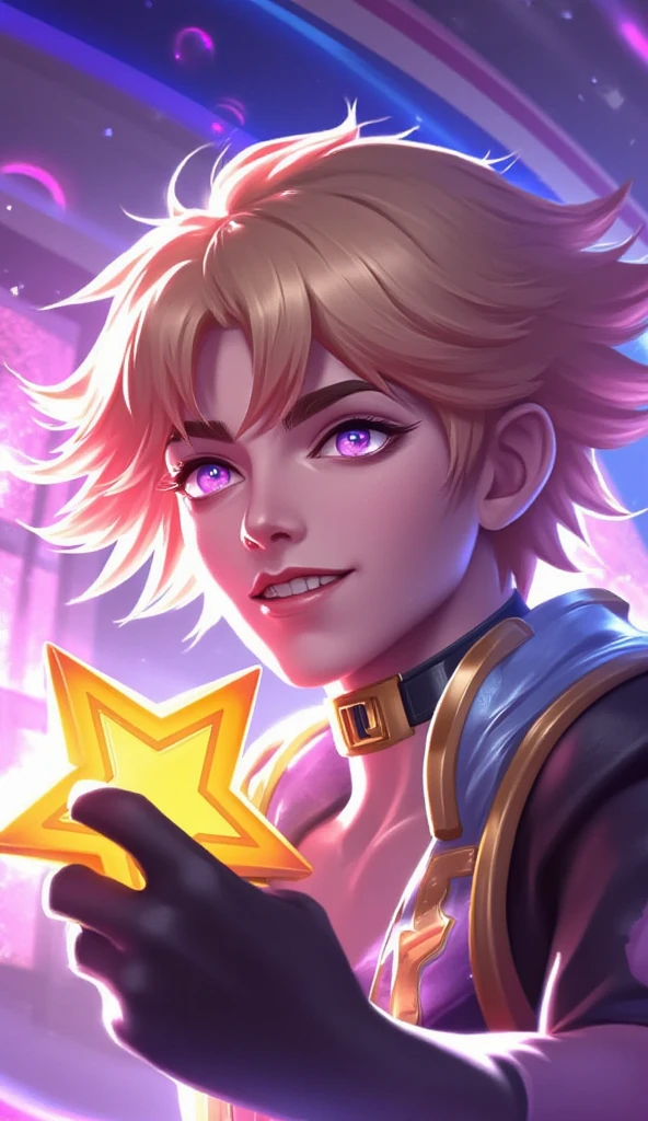 a close up of Ezreal holding a star in a room, hero pose colorful city lighting, kda, sakimichan frank franzzeta, range murata and artgerm, ezreal (league of legends, tane skin, extremely detailed artgerm, sakimichan, artgrem, rossdraws cartoon vibrant, splash art, pink hair