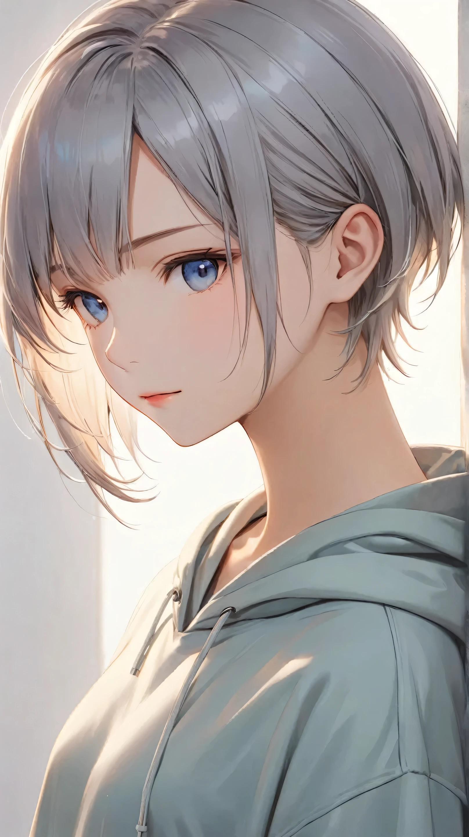 short, slightly tousled light gray hair with a faint bluish tint, sleek and casual hairstyle with soft layers, boyish and androgynous charm, calm and introspective young woman, short textured bangs, layered and tousled long nape, asymmetrical bangs, soft side-swept fringe, modern and minimalistic style, oversized hoodie or casual t-shirt, ethereal and mysterious atmosphere, vibrant colors, soft natural lighting, (pixie cut with extended nape:1.5), (flowing back hair:1.4), (forehead partially covered:1.3), (light fringe on forehead:1.2), (cute face:1.3), (beautiful detailed face:1.2), (long nape:1.7), (full front view:2.0), (face shot:2.0), (slightly lower framing:1.2), (showing torso and face:1.3)
