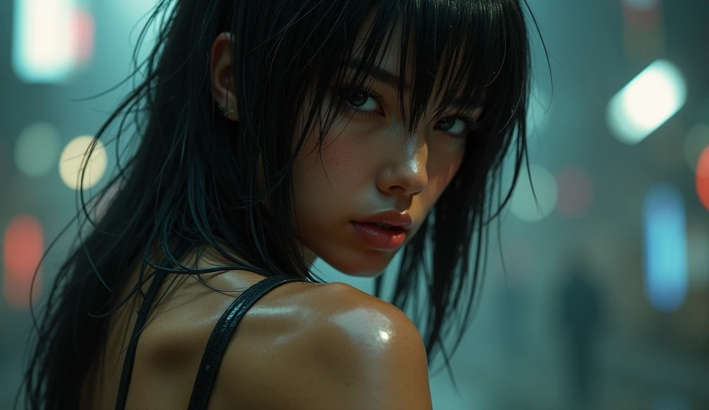 (Obra maestra, La mejor calidad), 1girl, cabello negro con mechas amarillas, cyberpunk, solamente, hasta la cintura, Apariencia sexy, ojos verdes, itself room, white mini bikini in tension, small breasts, luces de neon