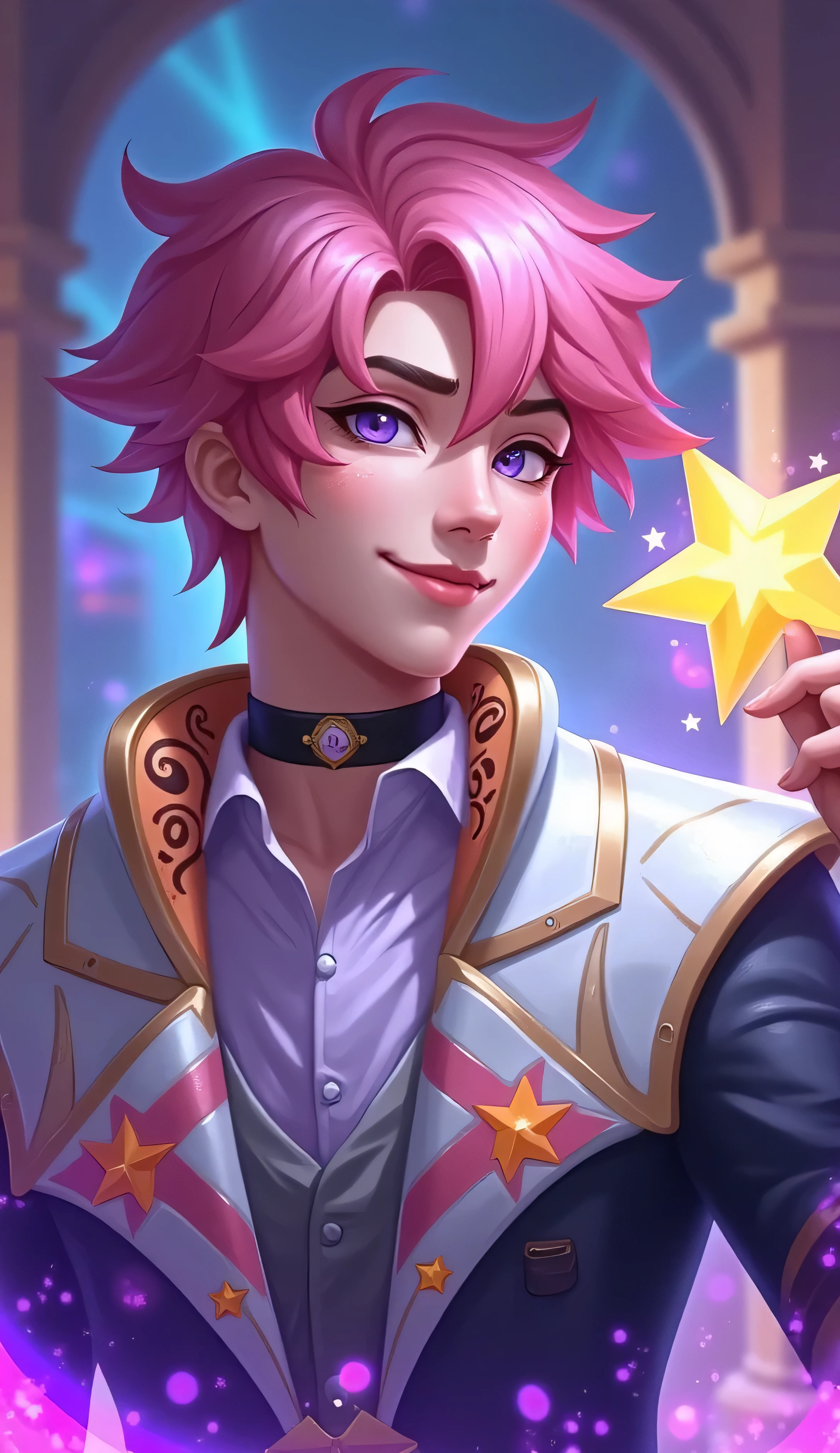 a close up of Ezreal holding a star in a room, hero pose colorful city lighting, kda, sakimichan frank franzzeta, range murata and artgerm, ezreal (league of legends, tane skin, extremely detailed artgerm, sakimichan, artgrem, rossdraws cartoon vibrant, splash art, pink hair