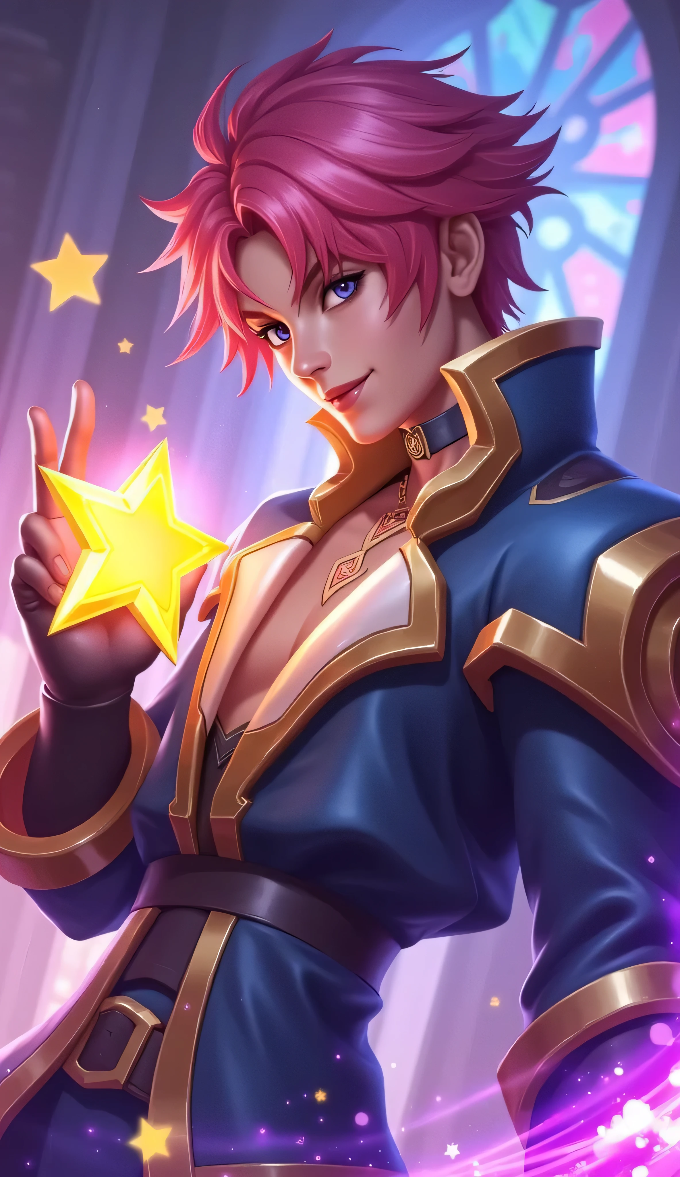 a close up of Ezreal holding a star in a room, hero pose colorful city lighting, kda, sakimichan frank franzzeta, range murata and artgerm, ezreal (league of legends, tane skin, extremely detailed artgerm, sakimichan, artgrem, rossdraws cartoon vibrant, splash art, pink hair