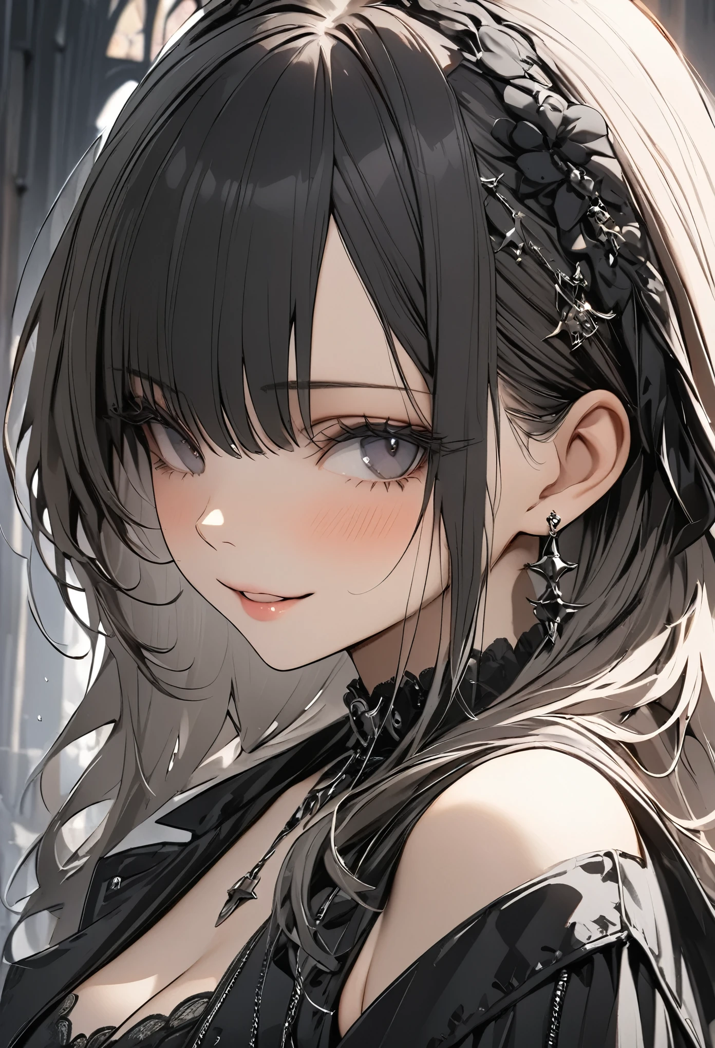 (masterpiece,  best quality :1.2,UHD,High Resolution,Detailed depiction)、 one girl who is at ease、 for glossy skin、Gothic Clothing