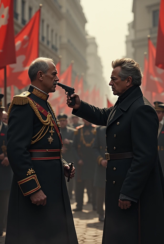 Vladimir Putin faces Macron after World War III. swastika