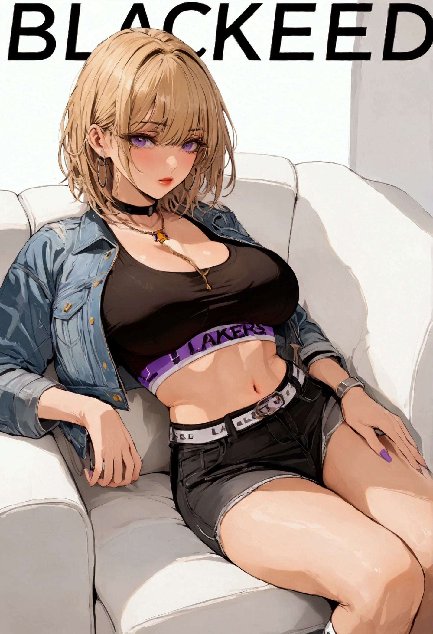 milf busty dirty blonde with short hair, wearing a Lakers crop top under a black denim jacket and black denim short shorts, and white sneakers, in a white room with a white couch, Blacked Cover