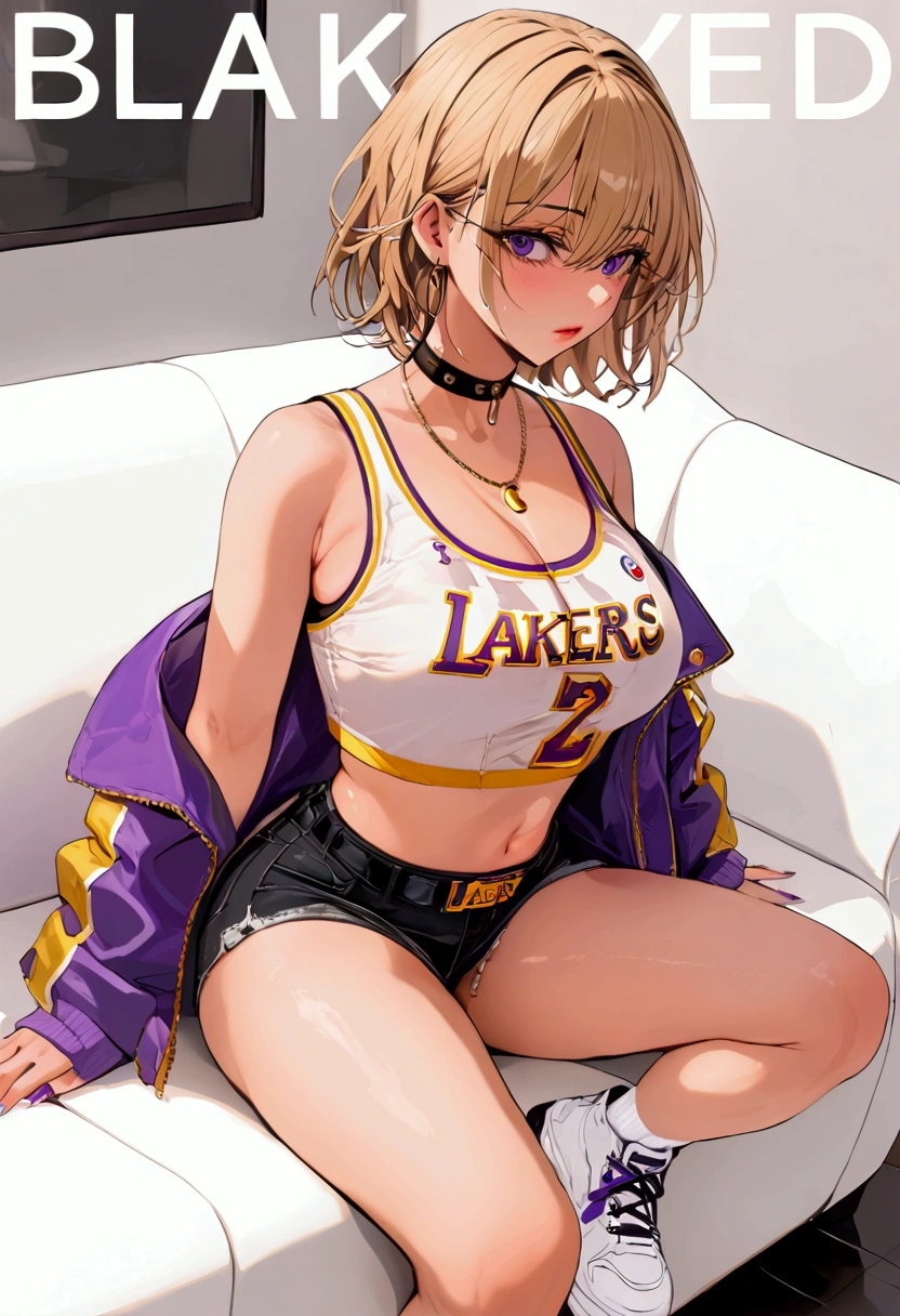 milf busty dirty blonde with short hair, wearing a Lakers crop top under a black denim jacket and black denim short shorts, and white sneakers, in a white room with a white couch, Blacked Cover