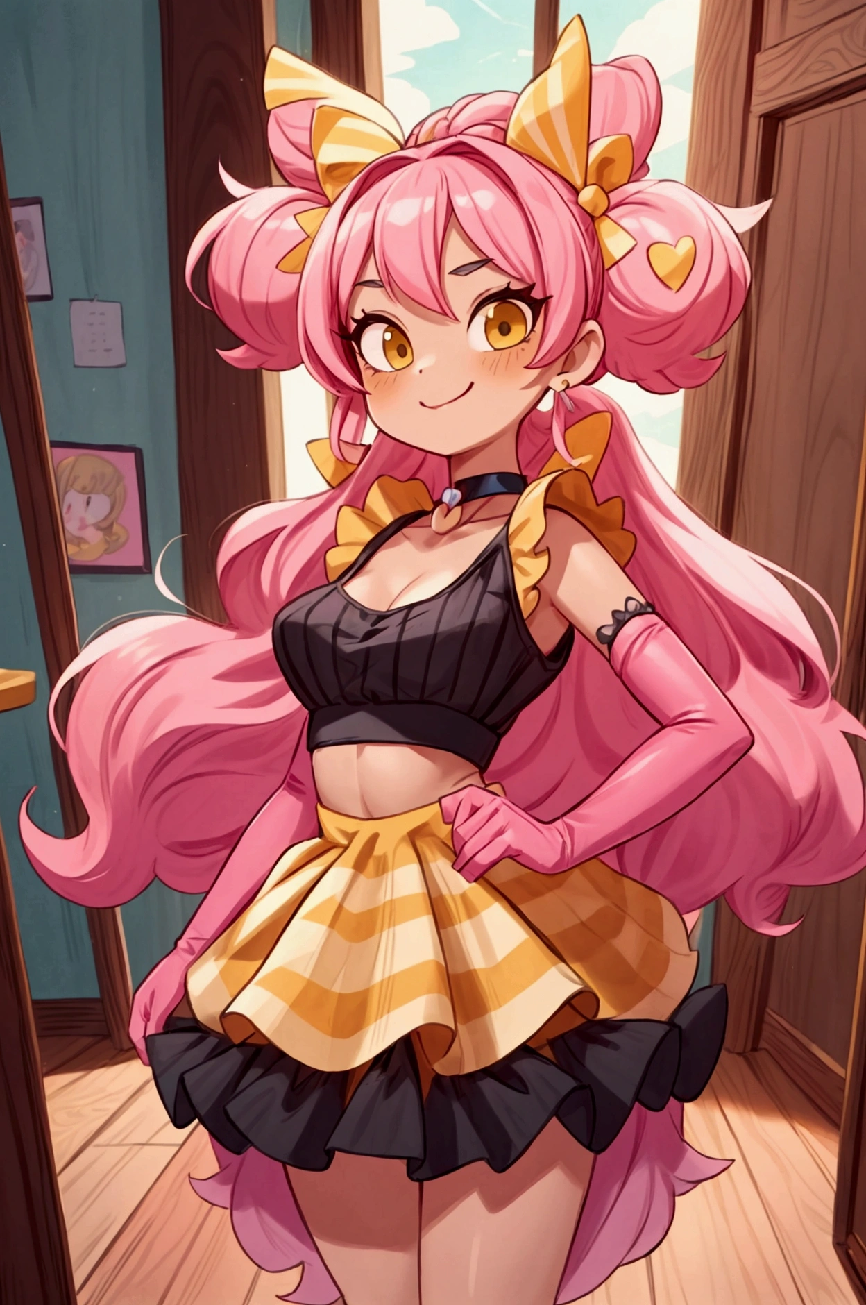 "Masterpiece, best quality, 1 girl melodie brawl stars, pink hair, big bow, elbow gloves, black crop top, fur stole, choker, standing indoors with intricate details and sunlight. black orange and yellow frilled long dress striped with short neckline, Sweet smile, sexy pose, coquette, beautiful legs, mature body, gorgeous, pronounced breasts

