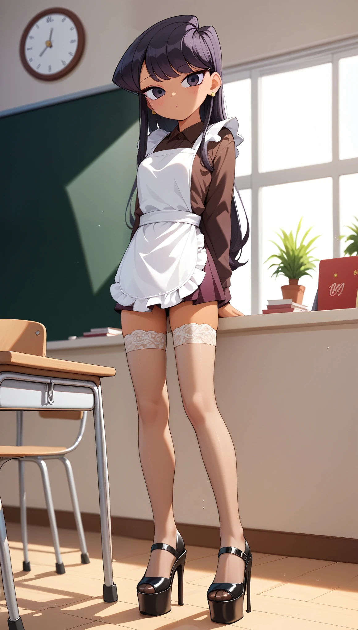 (Perfect Anatomy), Masterpiece, Ultra High Quality, 8k, masterpiece, Highest quality, Ultra-high resolution, Maximum resolution, Very detailed, Professional Lighting, anime, young female, 1 japanese 1 female, Komi Shuuko, thin teen, so beautiful, Highly detailed eye, Highly detailed face, Golden earrings, Ink Hair, Grey eyes, Straight bangs, full body, standing, (wearing a (brown short dress with lace white apron)), short brown dress, (classroom indoors theme), (tan stockings), (high heels) (platform shoes), show her wet inner thighs