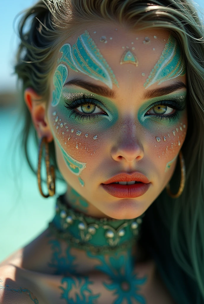 full body 25 year old blonde (beautiful face:1.1), detailed eyes, luscious lips, body paint, walking in Key West at night, street lights (moody lighting:1.2), depth of field, bokeh, 4K, HDR.