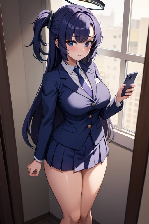 ((  best quality)), ((masterpiece)), ( super detailed),  School,uniform,Date,halo,tie,female 1 person, standing,Smartphone,