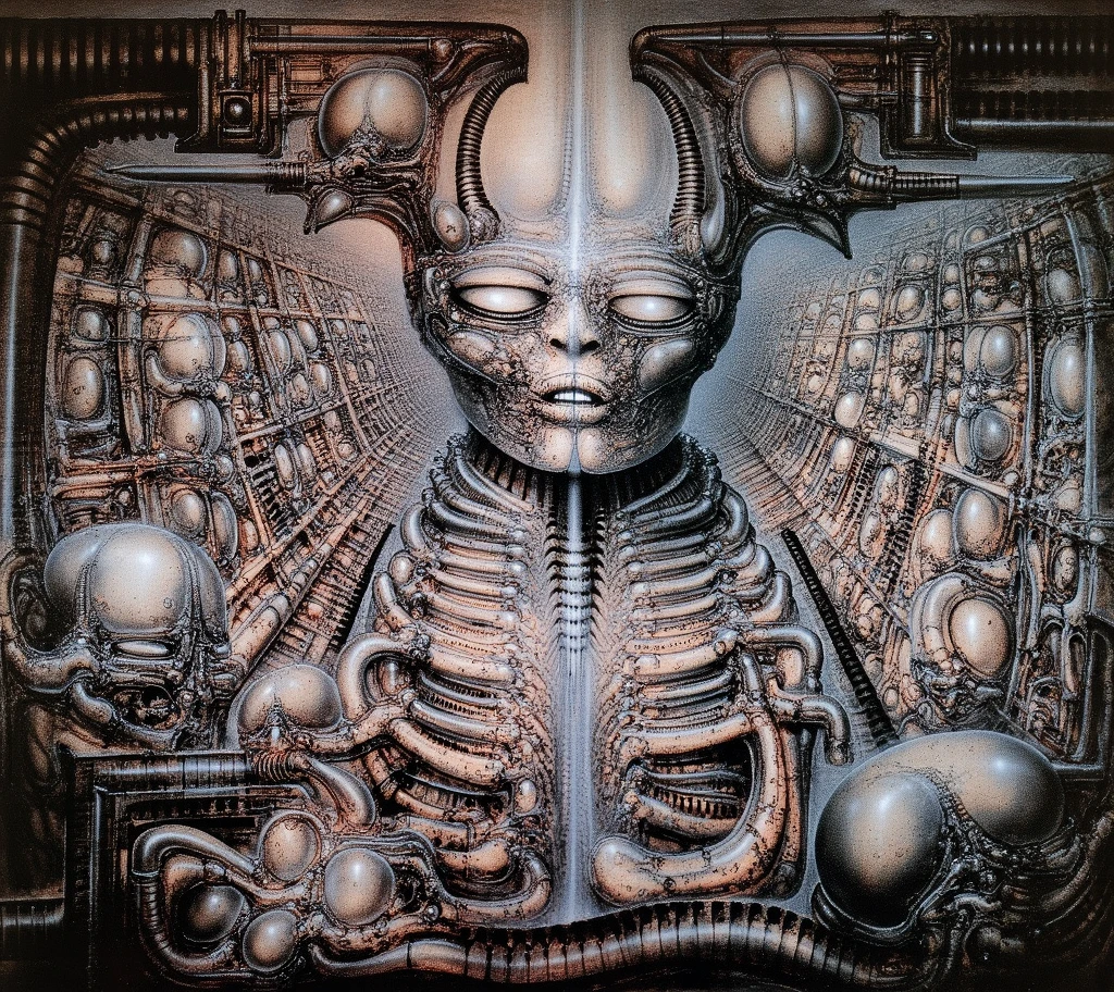 xGiger,  Tableau with some of the artistic techniques and compositional features used in /“Biomechanical landscape No 312/” by H r (Hans Rudie) Giger:
The image is a surrealistic artwork featuring an alien robotics humanoid figures, each with a unique design, surrounded with pipes and gears, set against a background of intricate machinery
The central focus of the image is a nightmarish tableau of two biomechanical heads. They are connected by a network of pipes and tubes that appear to be either feeding them or draining them. The heads themselves are elongated and skeletal, with gaping maws. Their eyes are empty sockets, and their expressions are vacant and emotionless.
 Heads are humanoid but industrial and ivorysh, with pipes and wires integrated throughout their structure. One face appears to be screaming, the other has its mouth open like a maw. They are surrounded by various mechanical doodads and tubes, and blend seamlessly into the background of industrial machinery.The biomechanical heads could have represented some kind of alien creatures, or they could have been machines that had become sentient
Used Airbrushing is a technique for applying paint using a device that sprays a fine mist. It is often used to create smooth, even coats of paint, and it can be used to create very detailed effects. Giger's use of airbrushing in this image creates a hyperrealistic quality to the biomechanical landscape, making it appear even more alien and unsettling. It is also often used to create very smooth and even gradients of color.
The use of a dark palette with blacks, purplish browns, and grays creates a sense of mystery and dread. The dark colors obscure the details of the image, making it difficult for the viewer to see what they are looking at. This ambiguity adds to the unsettling nature of the work. The dark colors also help to emphasize the biomechanical elements in the painting.
The background features even more machinery, including pipes, gears, and cables. 