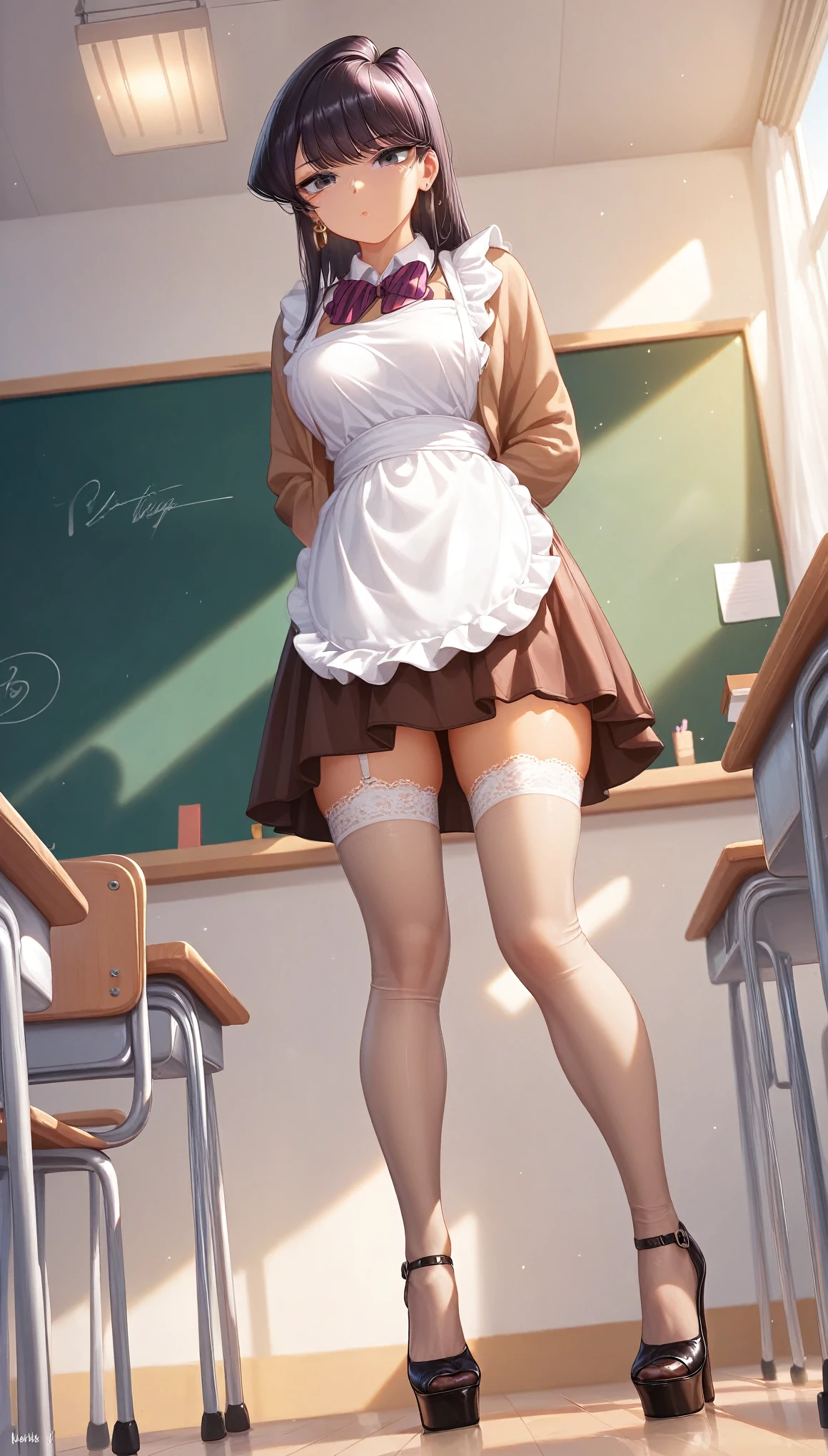 imgen NSFW, hentai,realistic anatomy,curvy woman,sensual,big butt, long and sensual legs, strappy heels, fishnet stockings, bunny suit, rabbit ears, Short blonde hair, big eyes, big red lips, open mouth, Panting, blushing, lying down, in a class room, warm lighting, people around taking photos, used condoms on the floor