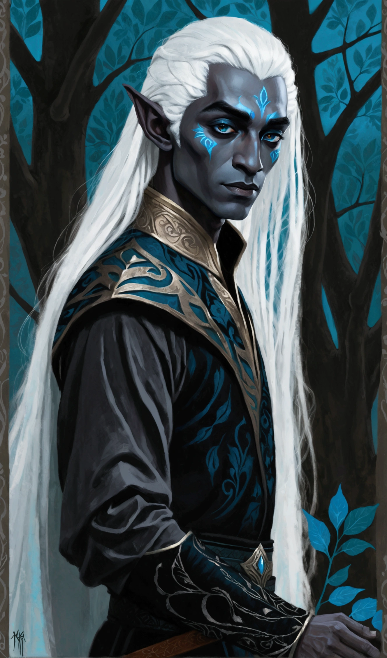 2d art, painting of a drow, male dark elf, 1boy,  grey skin, half body portrait, standing in a black background with blue trees: 1.5, long straight white hair:1.5, black eyes:1.5, vibrant medieval tunic and pants, hyper detailed hands, a digital painting inspired by Will Barnet, by Magalli Villaneneu, tumblr, Digital Art, solo portrait 🎨🖌️,  calm style, Digital Art