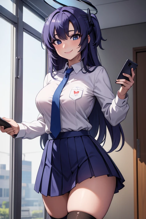 ((  best quality)), ((masterpiece)), ( super detailed),  School,uniform,Date,halo,tie,female 1 person, standing,Smartphone, Knee Socks ,smile,smile,Hearts in your eyes,