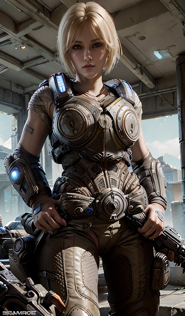 Anya Stroud. A beautiful blonde woman. Gears of war Female soldier. Half Short blonde hair. Naked arms. GEARS OF WAR female armor. Holding her gnasher shotgun and aiming ready to fire her enemies. Intricate detailed face. Aiming with shotgun, ready to fire. Wide hips. Strong complexion. In a mission. Gears sexy. heavy steel Armored bodysuit. Gears of war Female soldier. Gears of war universe. blue little lights on armor 